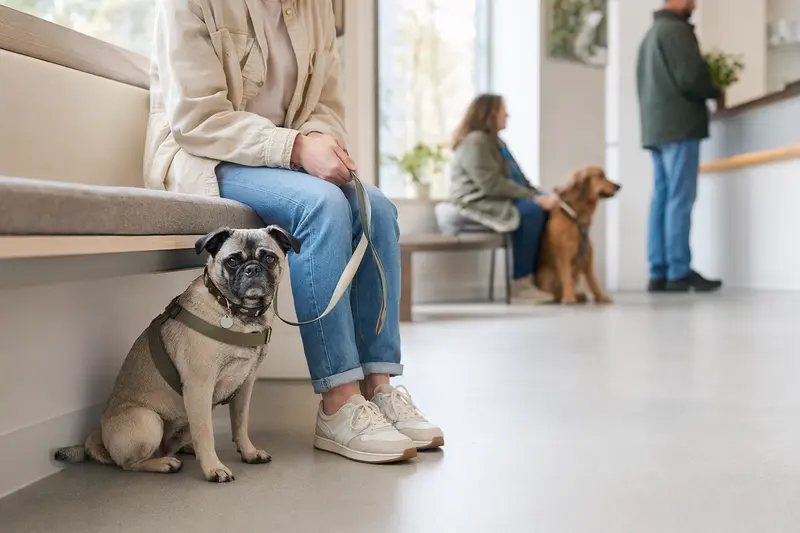 Ein Carlino sitzt ruhig neben seinem Besitzer im hellen Wartezimmer einer modernen Tierarztpraxis.
